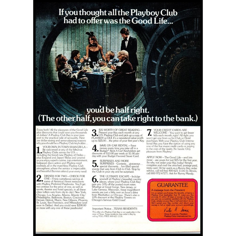1978 Playboy Club Key Membership Vintage Print Ad Bunny Bank Vault Wall Art